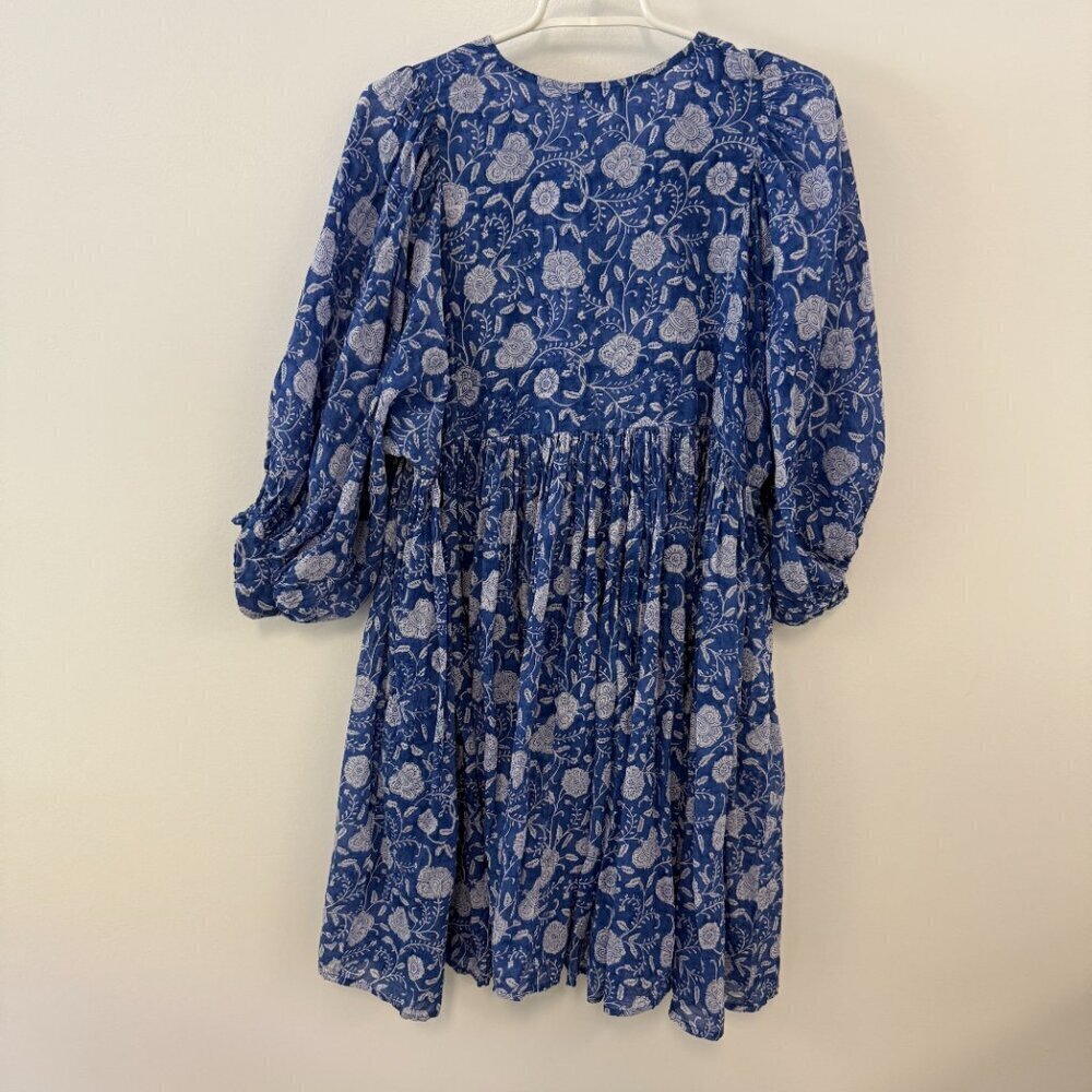 Dolma Blue Floral Print Flowy Bohemian Baby Doll Mini Dress - Picture 3 of 7